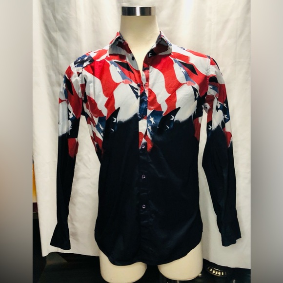 Macy’s INC men’s Abstract Stars and Stripes MED slim shirt Red white / Navy - Picture 4 of 11